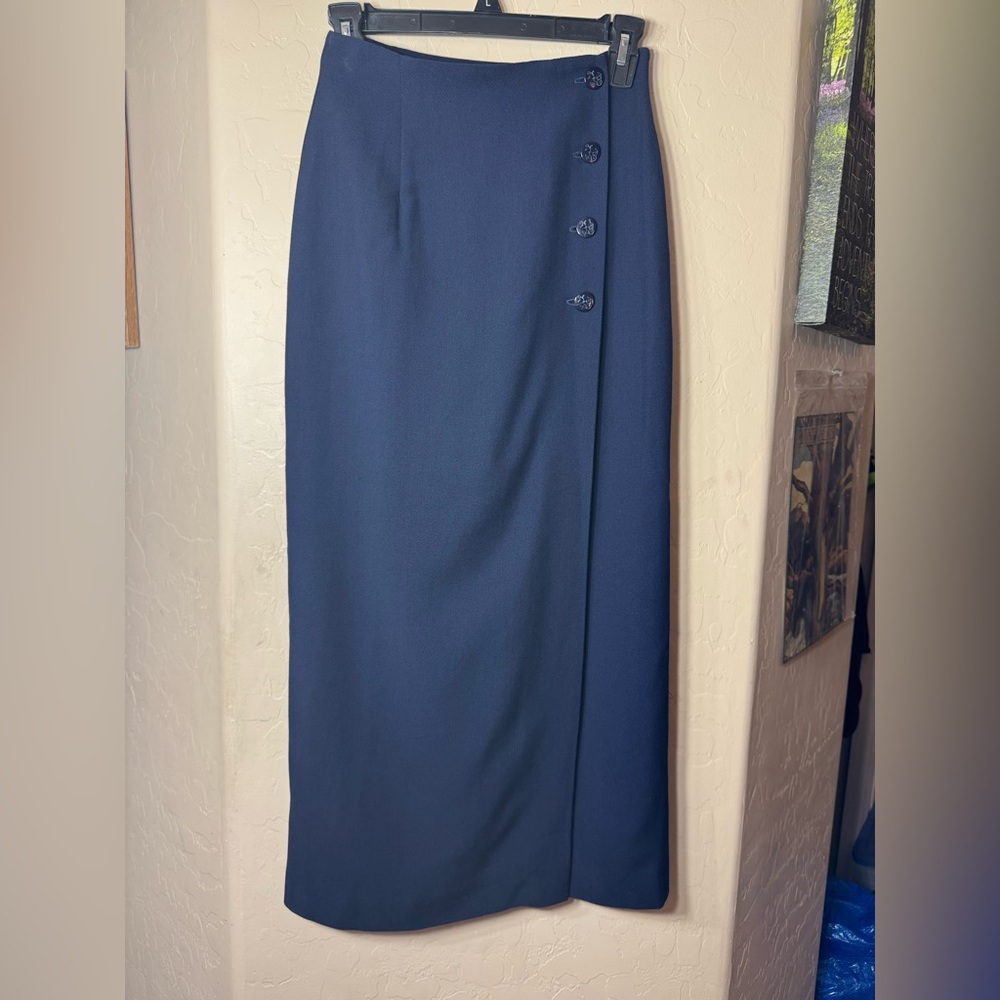 Lauren Ralph Lauren Navy Wool Pencil Skirt Button Side Wrap Career Classic